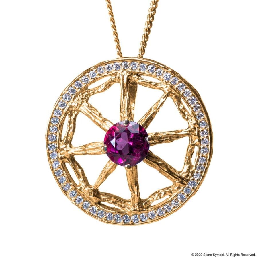 Unearthed Pendant with Pink Tourmaline and Diamond with 24 inch Chain in Yellow Gold